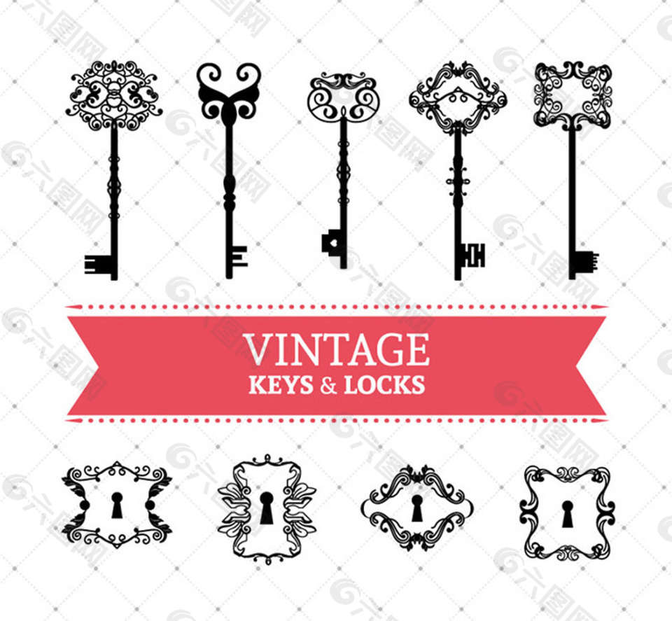 复古花纹钥匙和钥匙孔