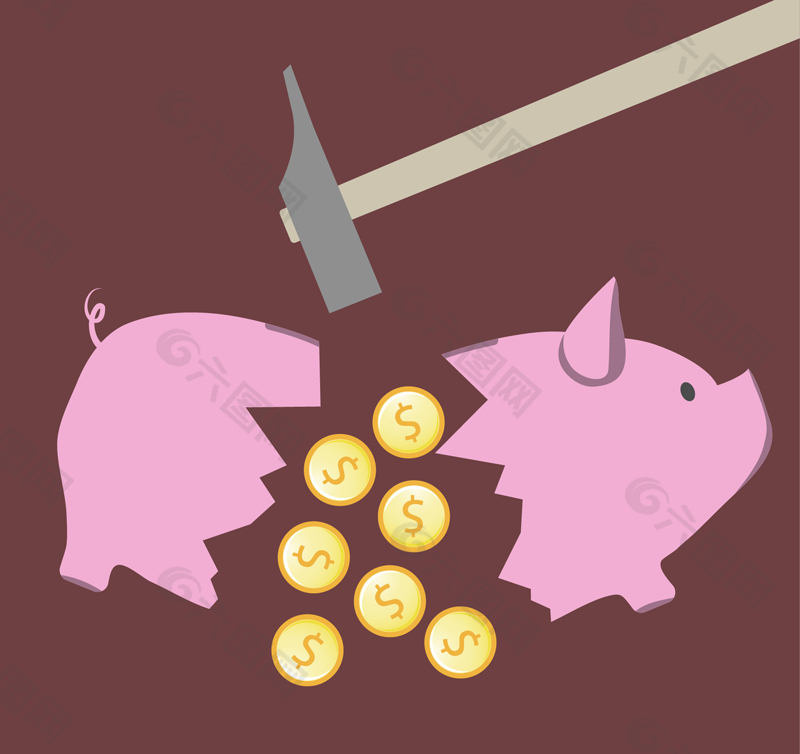 被敲碎的小猪存钱罐矢量