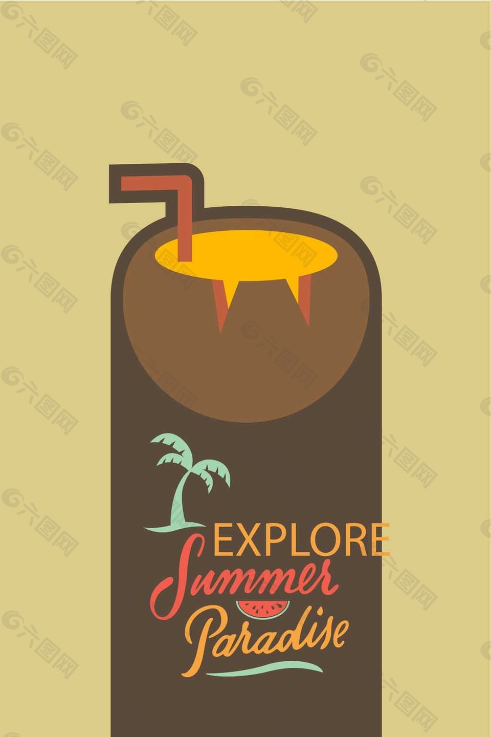 夏季椰子汁饮品卡通矢量海报