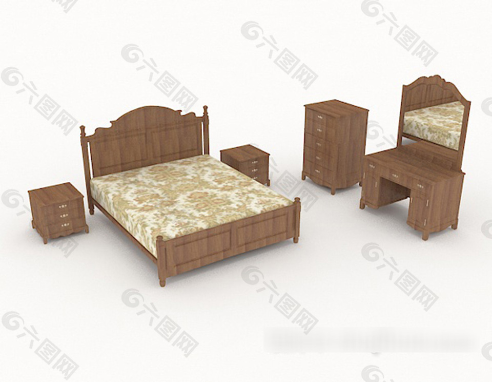 简单居家实木双人床3d模型下载