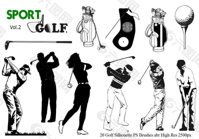 高尔夫器材、高尔夫选手Photoshop笔刷素材