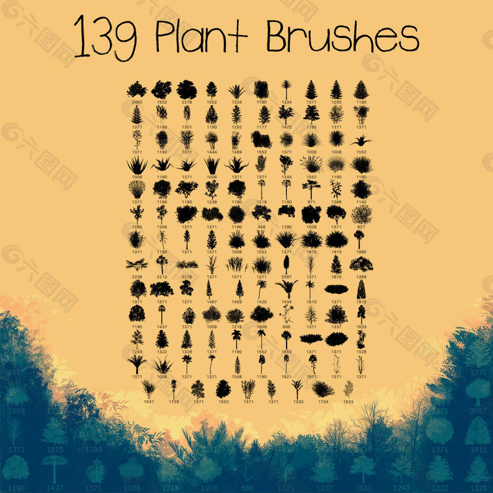 139种植物树木、小草、草丛、灌木图形PS笔刷素材下载