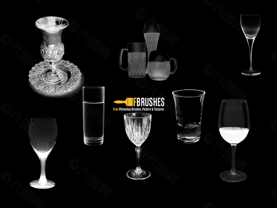 酒杯、透明玻璃杯、水杯、杯子、啤酒杯PS笔刷素材