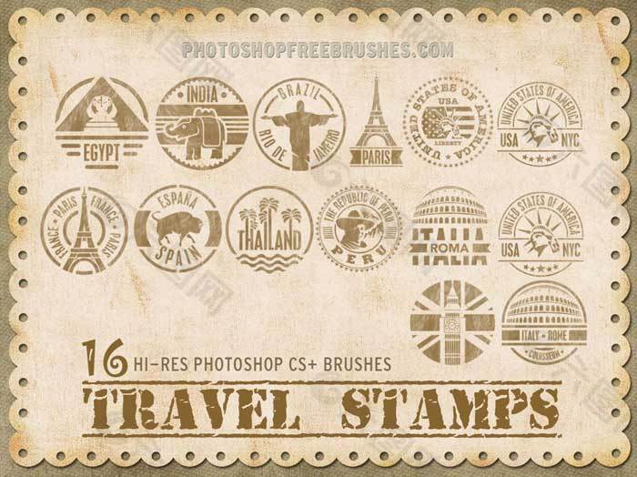 16种邮戳、世界旅游徽章Photoshop笔刷下载