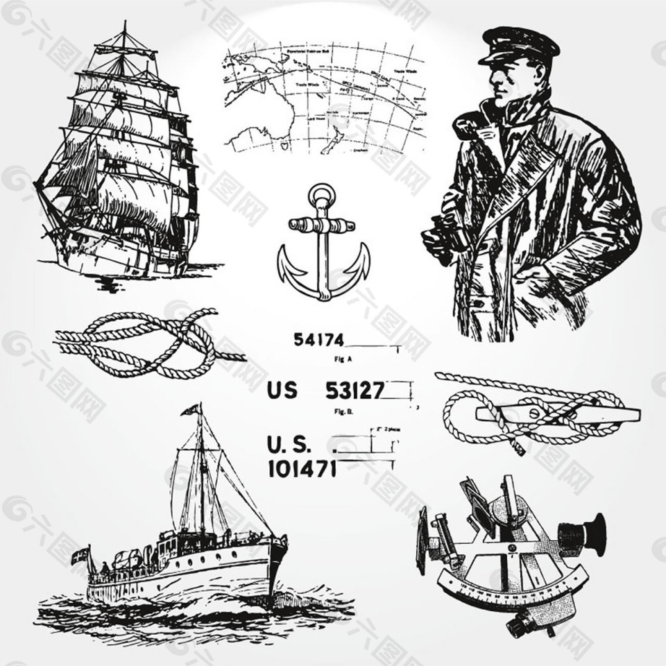 手绘航海插画元素