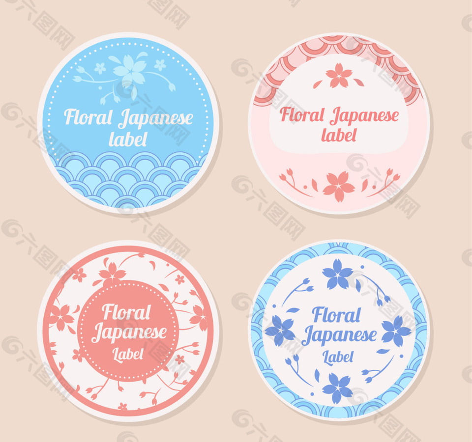 可爱的日本标签与鲜花徽章