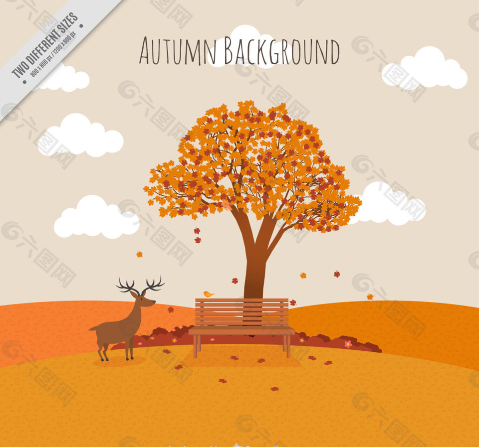 秋天的风景与树和鹿的背景