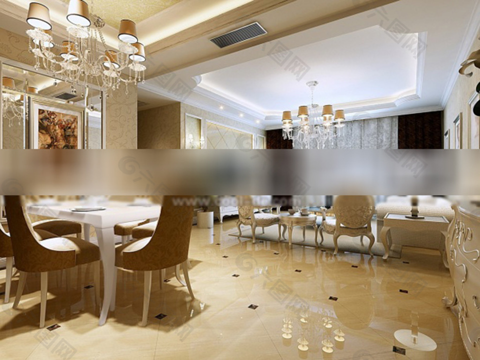欧式豪华客餐厅3d模型下载