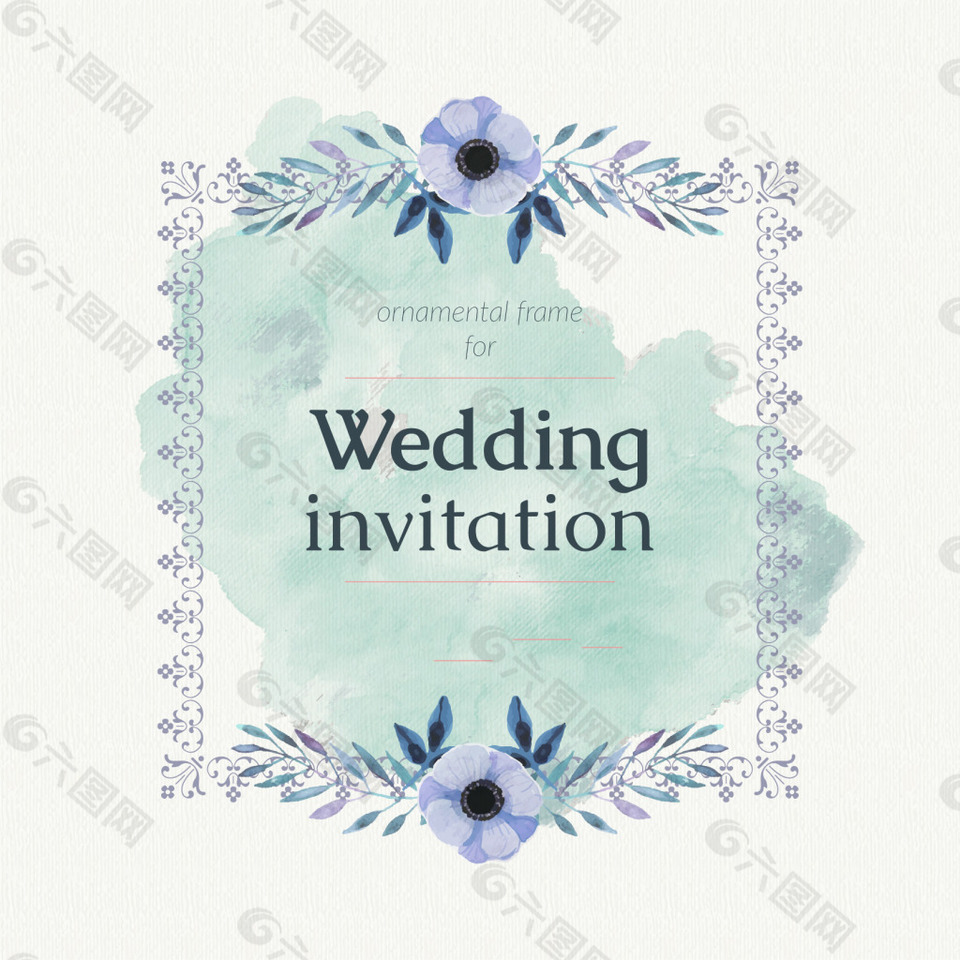 带蓝色水彩花的婚礼卡