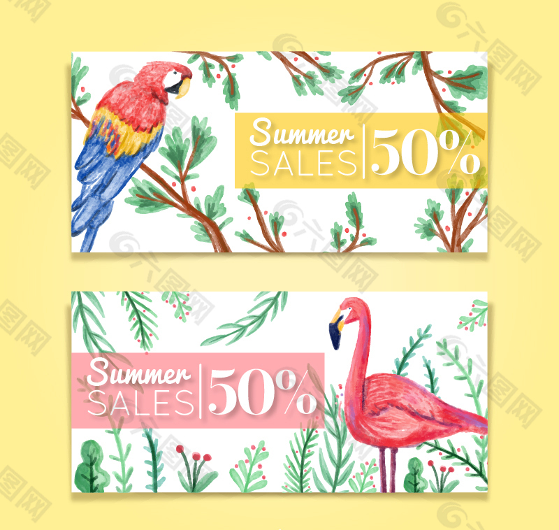 水彩热带鸟类夏季销售横幅