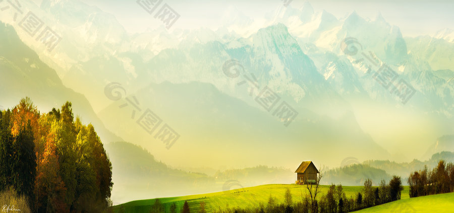 瑞士雪山高山草地背景图