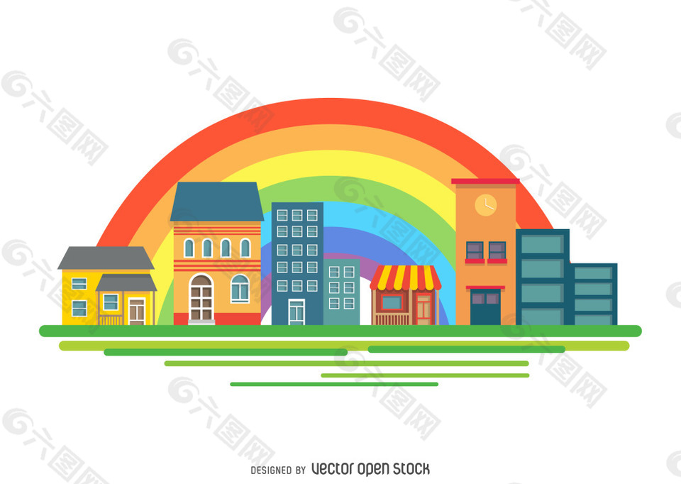 彩虹下的矢量建筑物