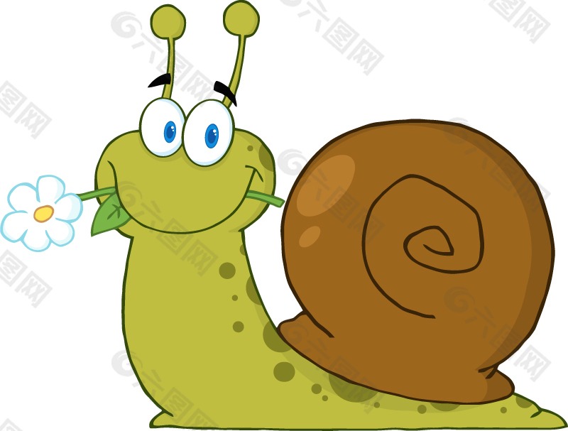 卡通叼花的蜗牛矢量素材