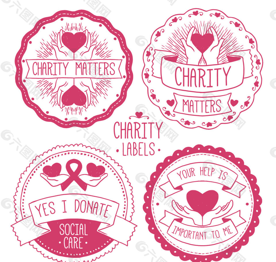 粉红手绘圆形慈善标签