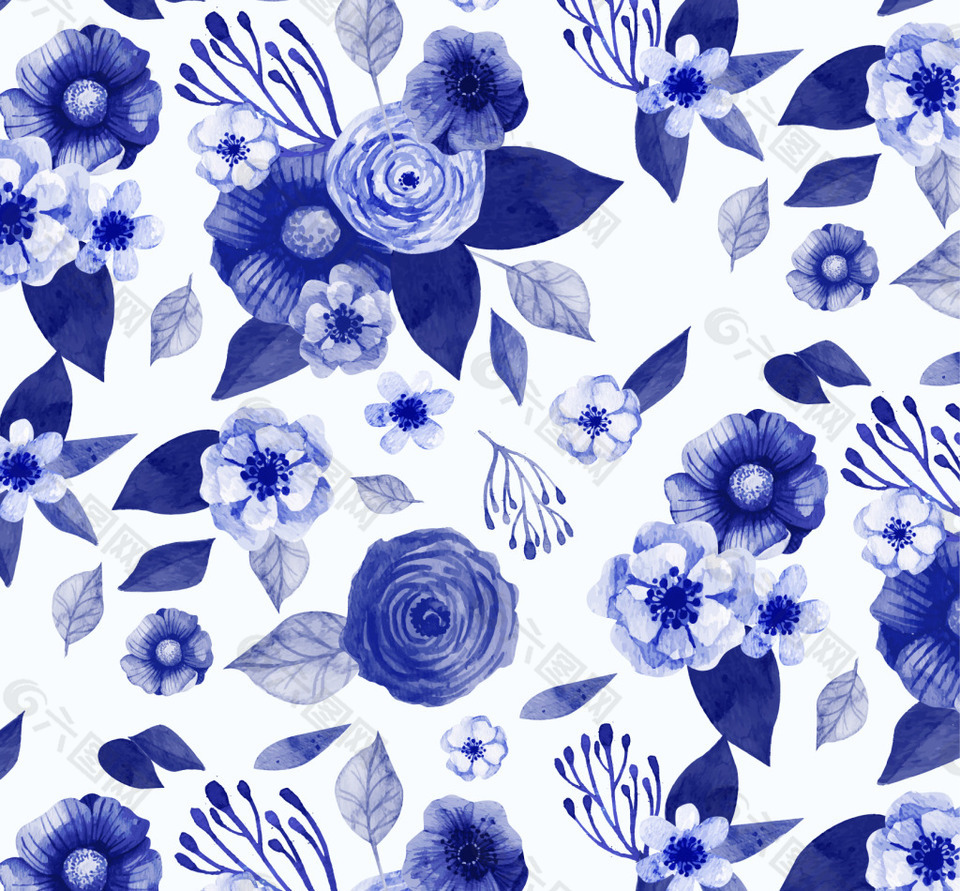 蓝色水彩花卉图案