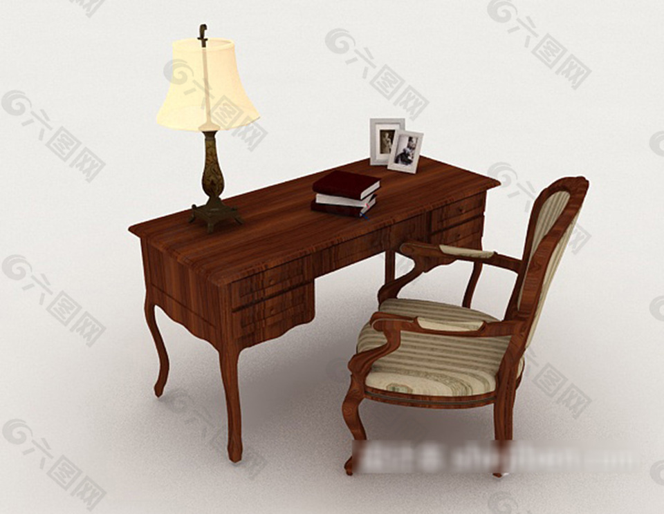 中式复古木质书桌椅子3d模型下载