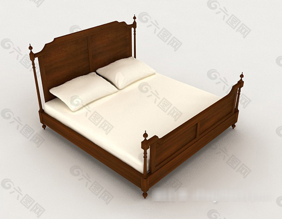 新中式实木简单双人床3d模型下载