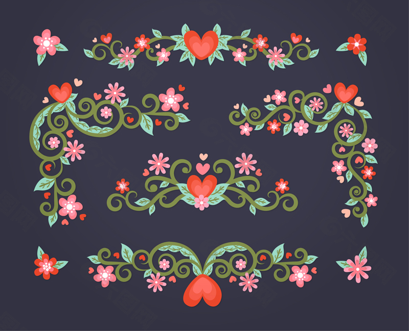 5款花卉爱心边框设计矢量素材