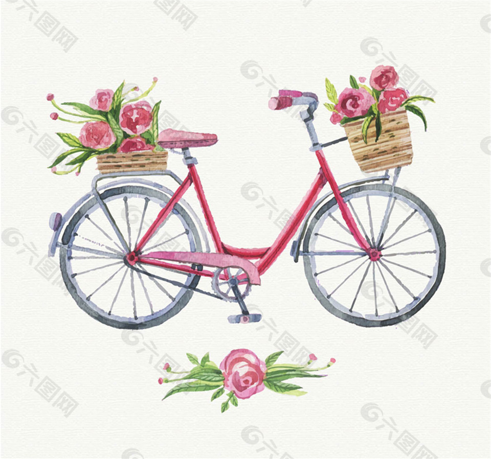 装满鲜花的单车水彩画矢量素材