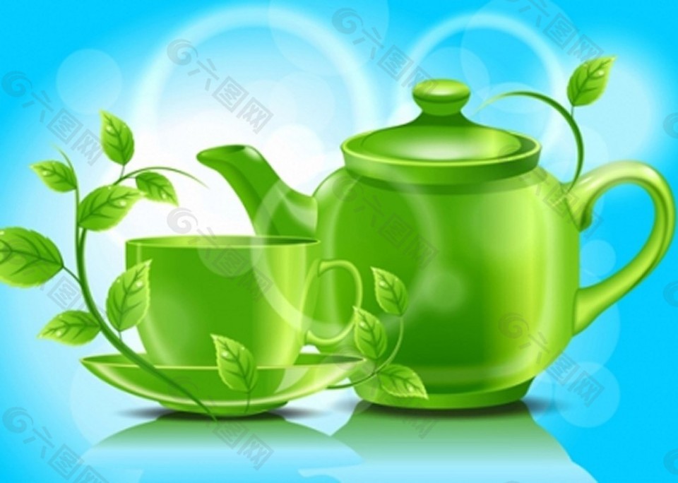 茶杯茶壶和绿叶背景矢量免费