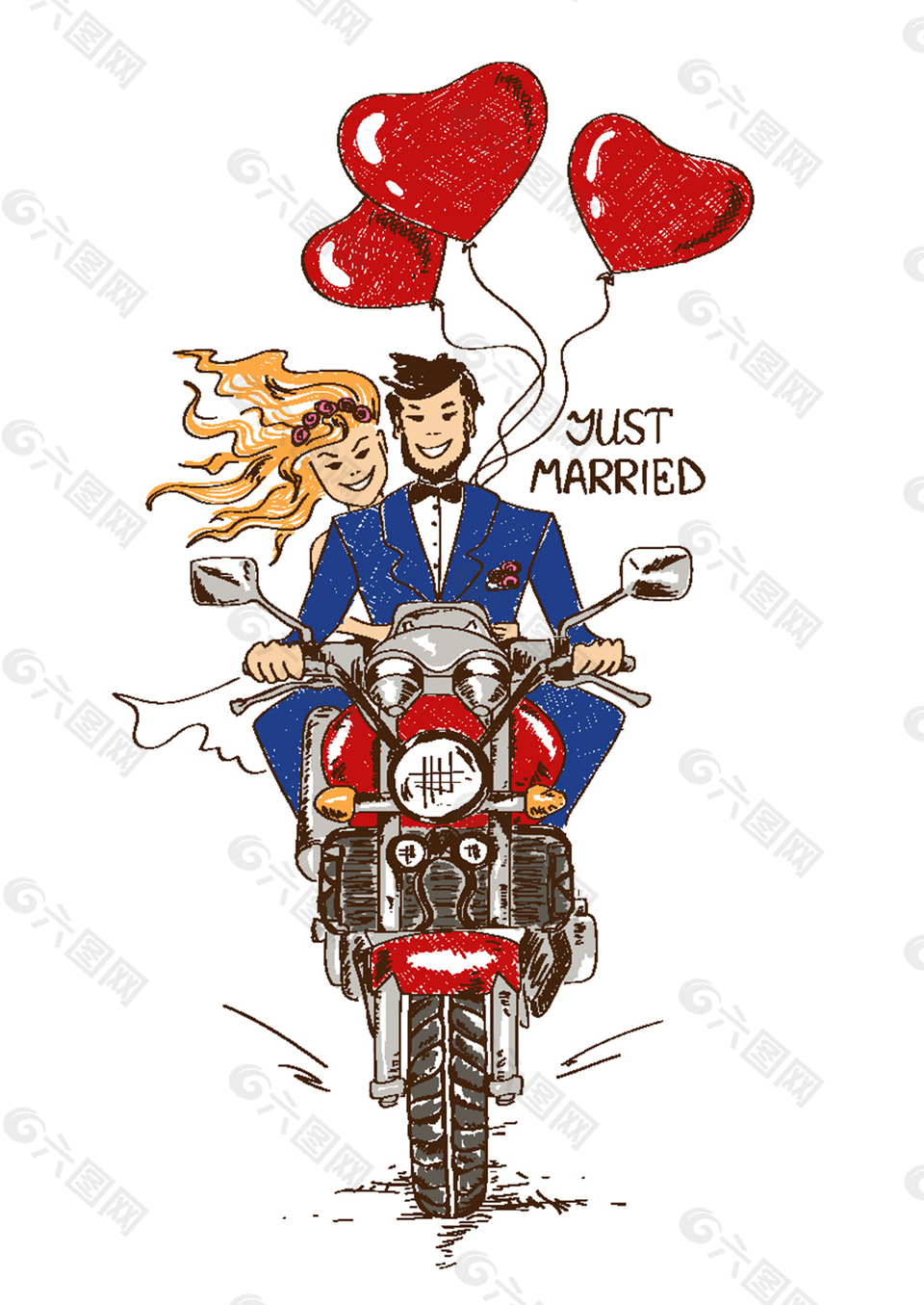 骑摩托车的新人夫妻插画