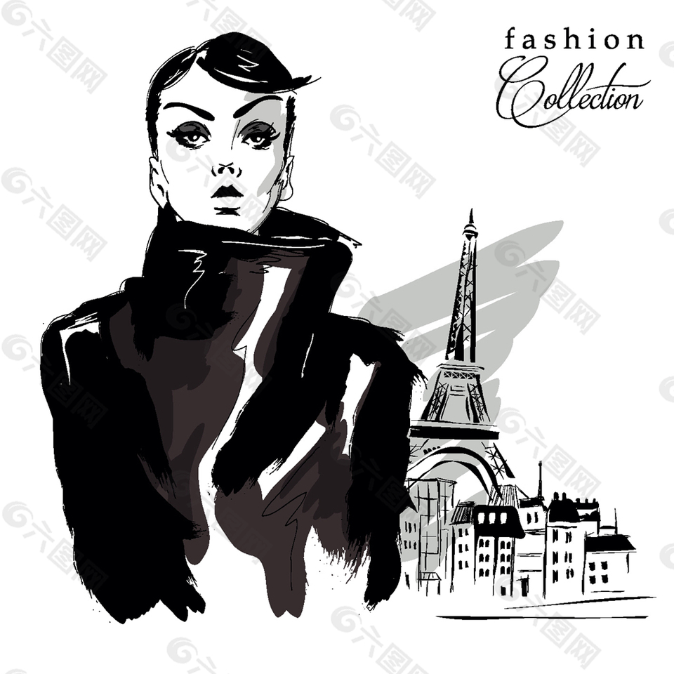 时尚女性与巴黎风景插画