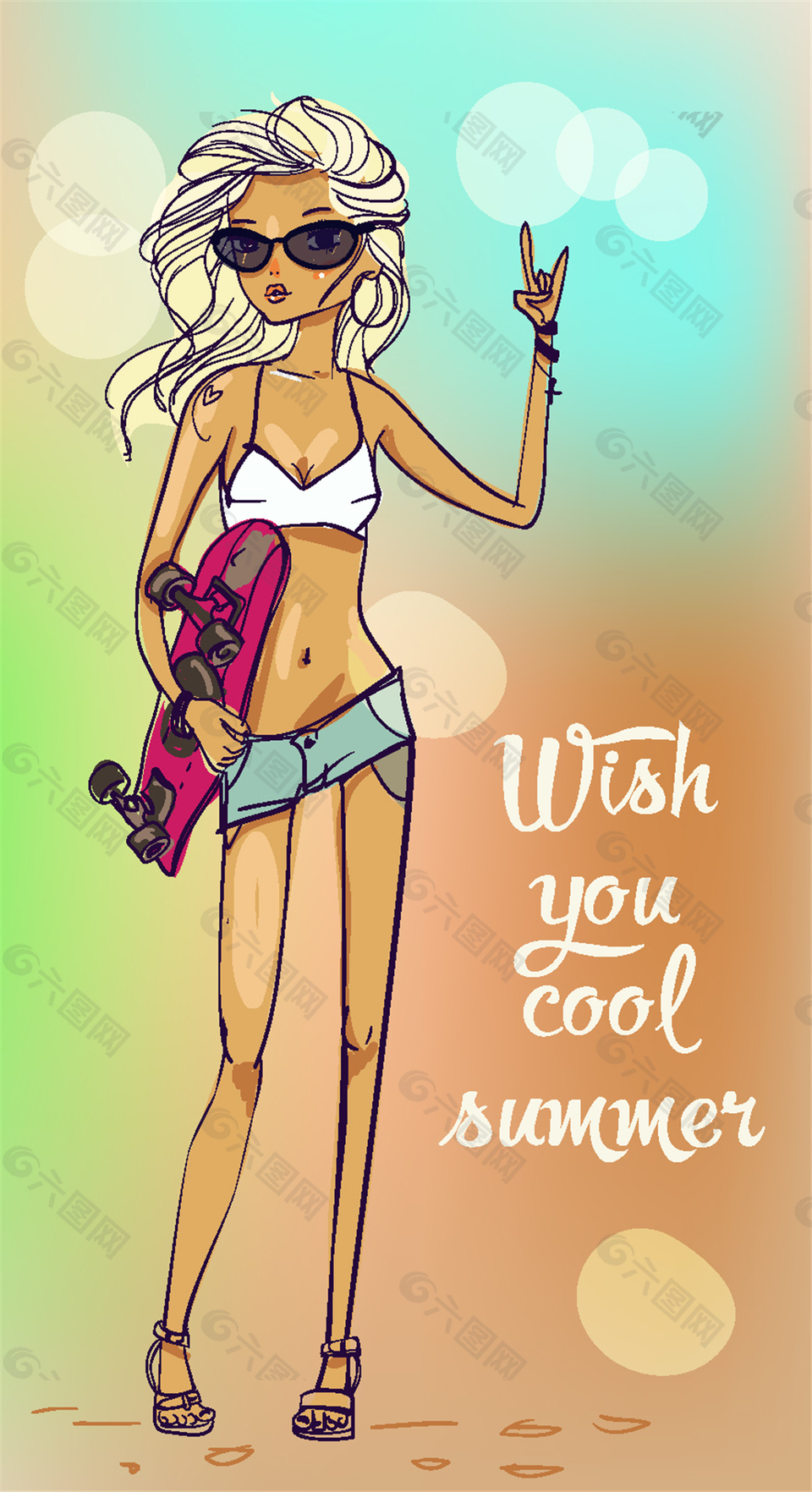 抱着滑板的卡通女孩