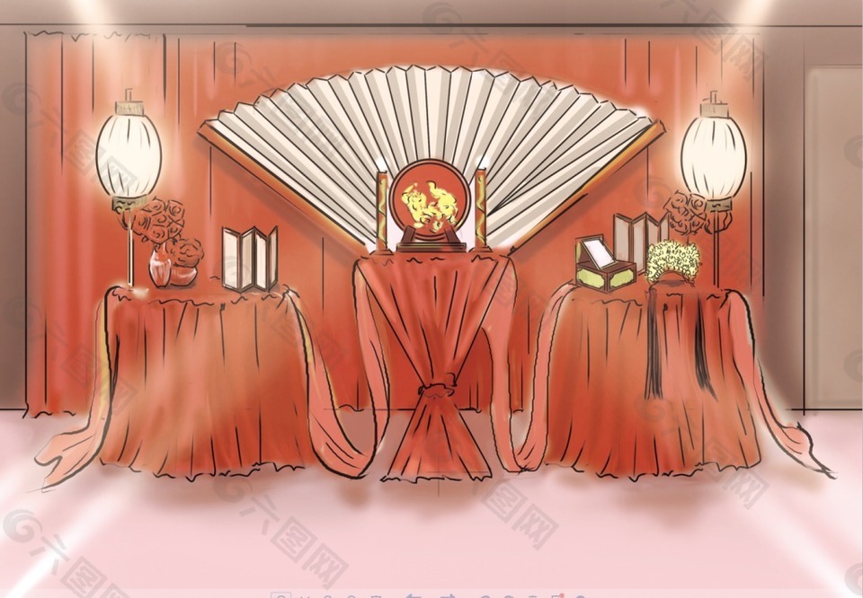 红色中式 婚礼手绘图