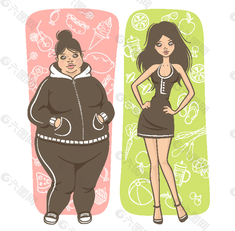 穿运动服的胖瘦美女插画