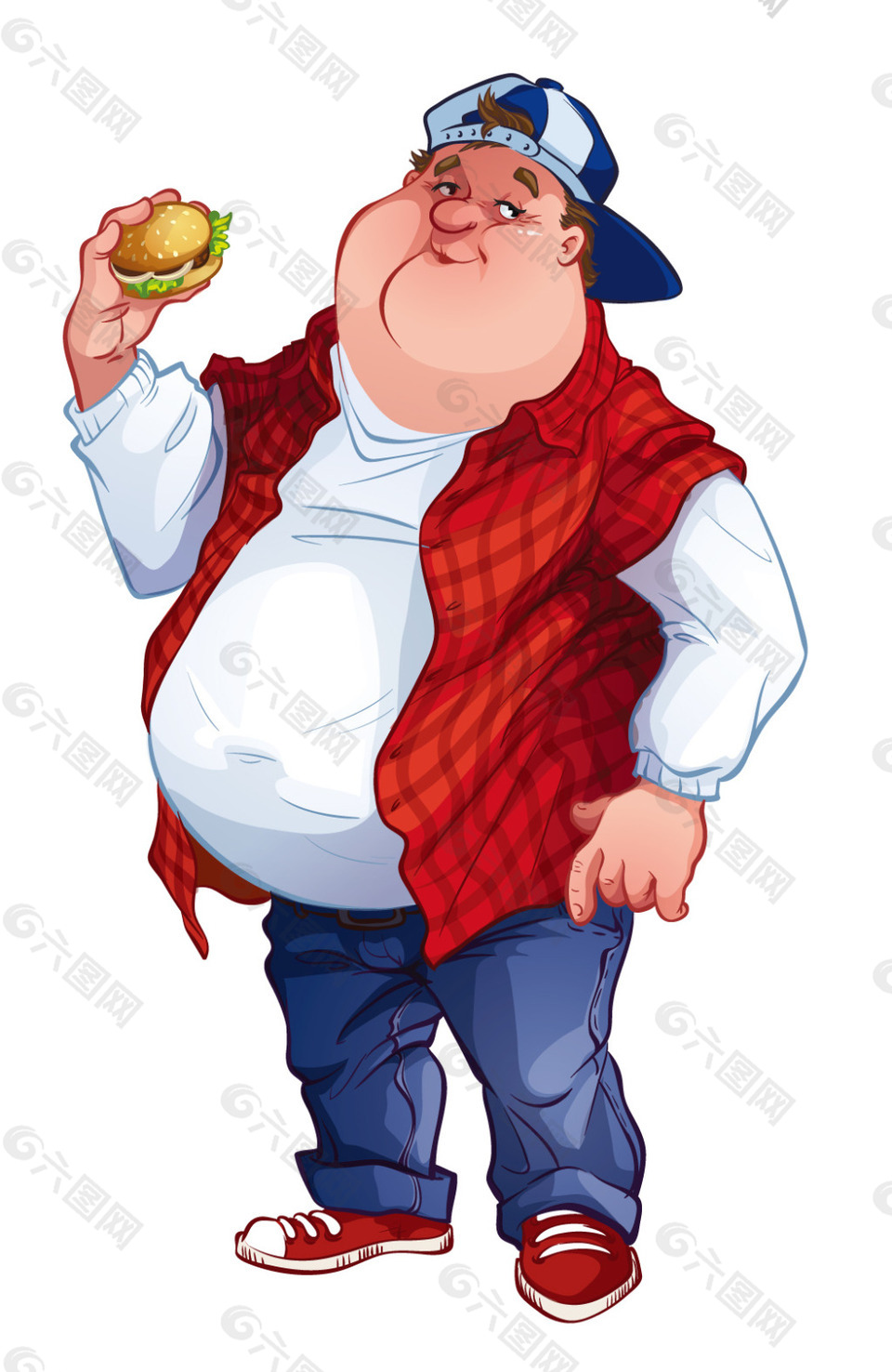 拿着汉堡包的胖子插画