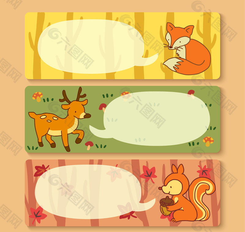 3款卡通森林动物banner矢量素材