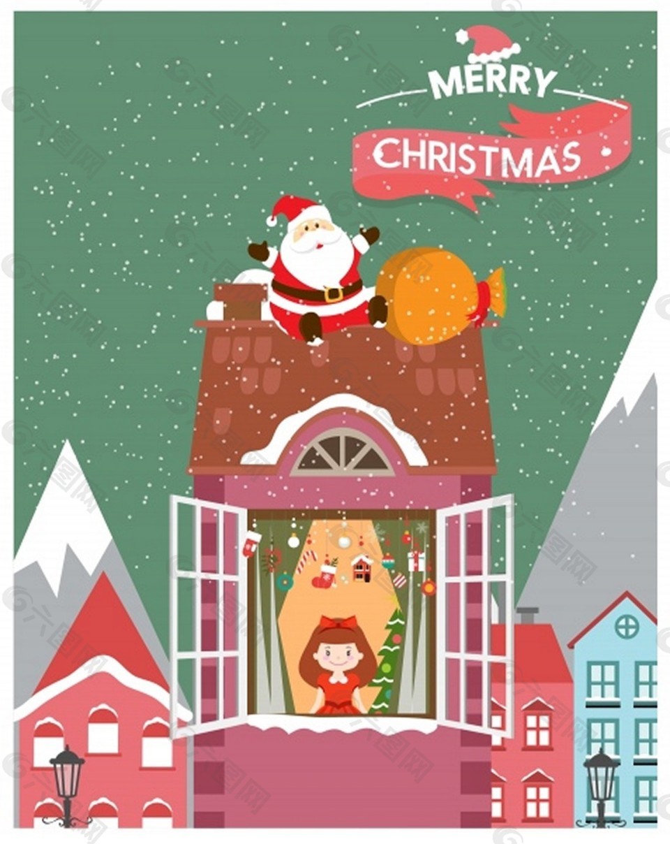 圣诞贺卡封面与圣诞老人送礼物免费矢量