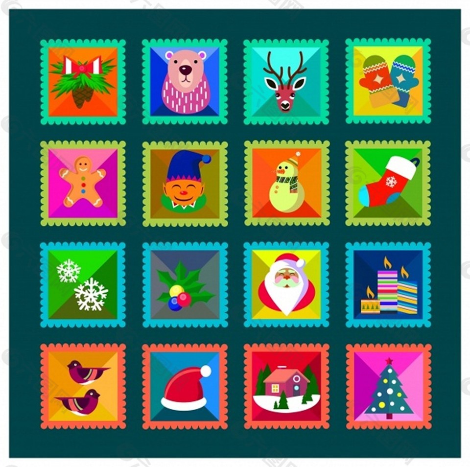 圣诞邮票收集与可爱的象征自由向量插图