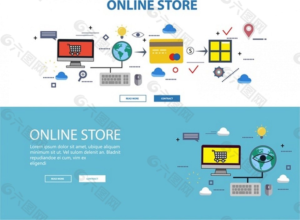在线商店网页设计与信息图表说明自由向量