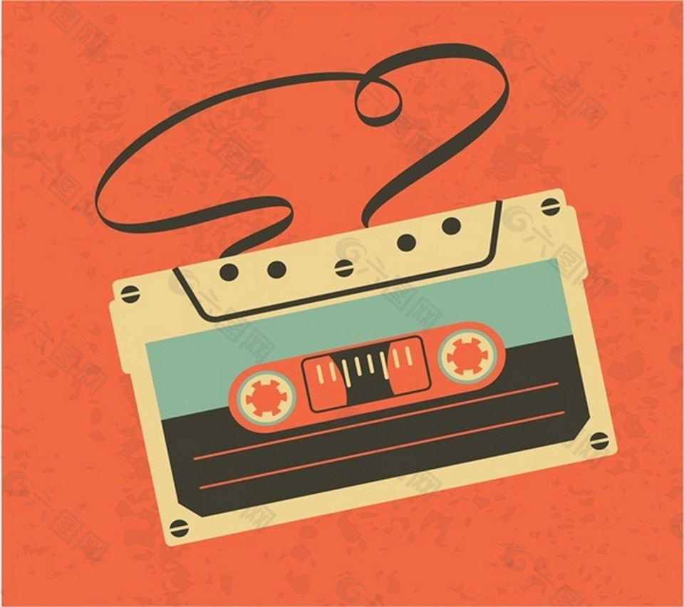 古董音频卡带磁带孤立的橙色背景自由向量