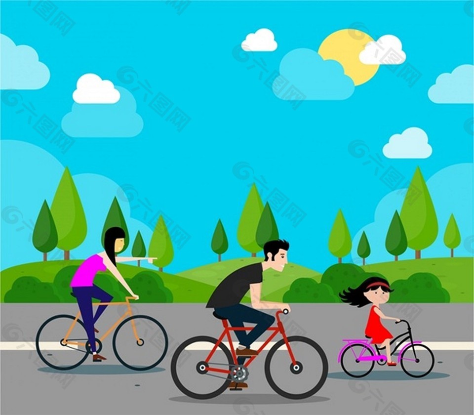 家庭幸福的矢量插图与骑自行车活动免费