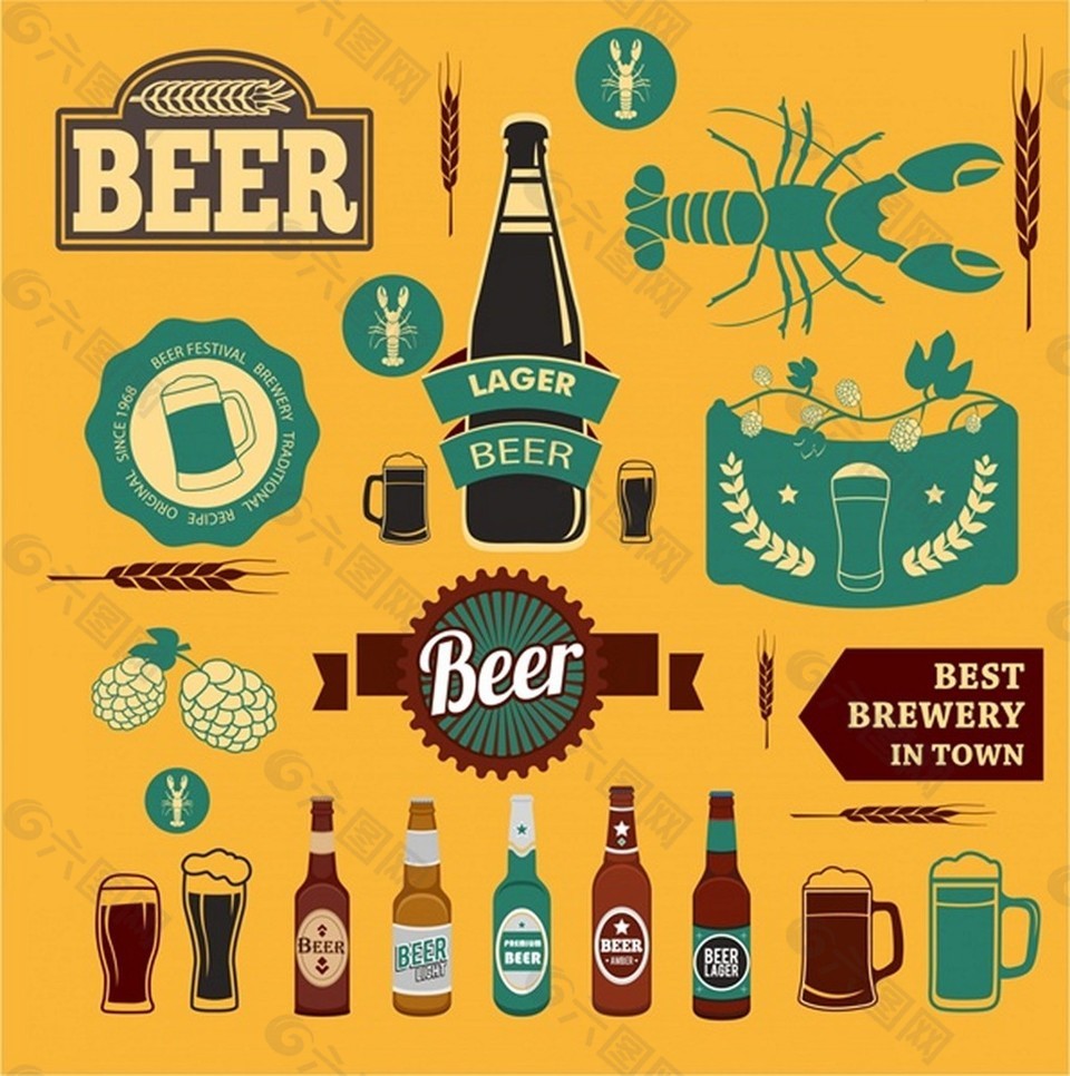 啤酒促销设计元素集合在各种风格自由向量