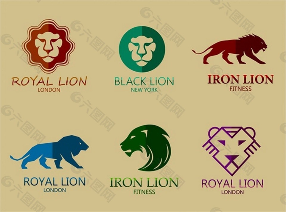 狮子标志集设计不同颜色风格自由向量