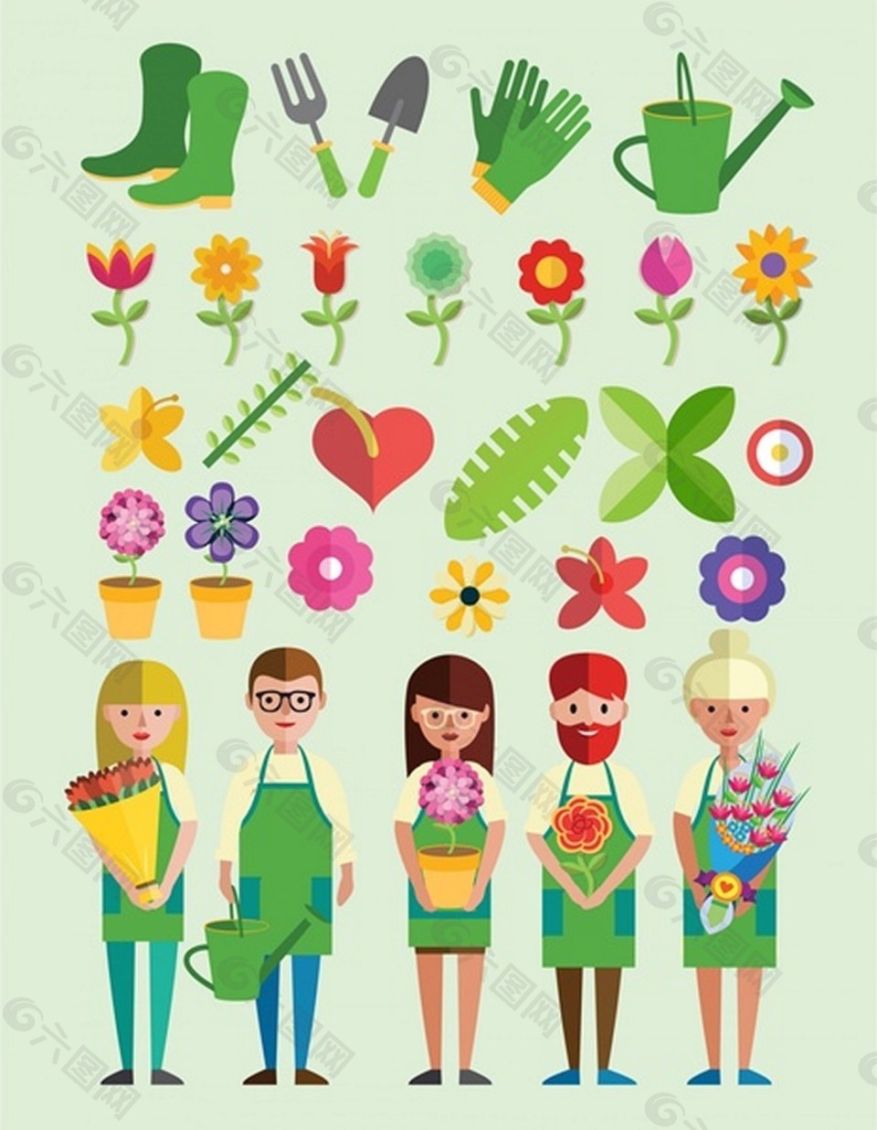 花店矢量插图免费工具和鲜花