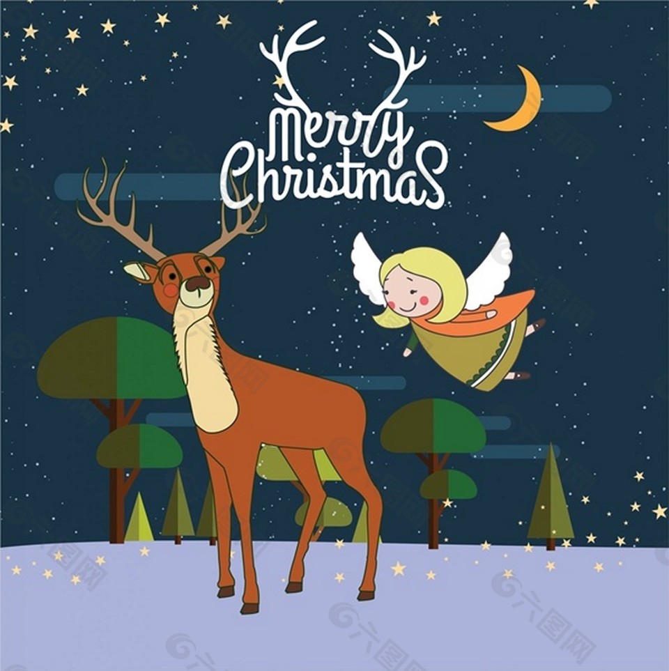 圣诞贺卡设计与驯鹿和天使自由向量