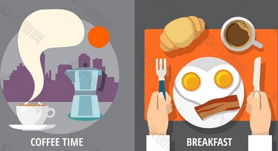 早餐和咖啡时间与彩色符号设计自由向量