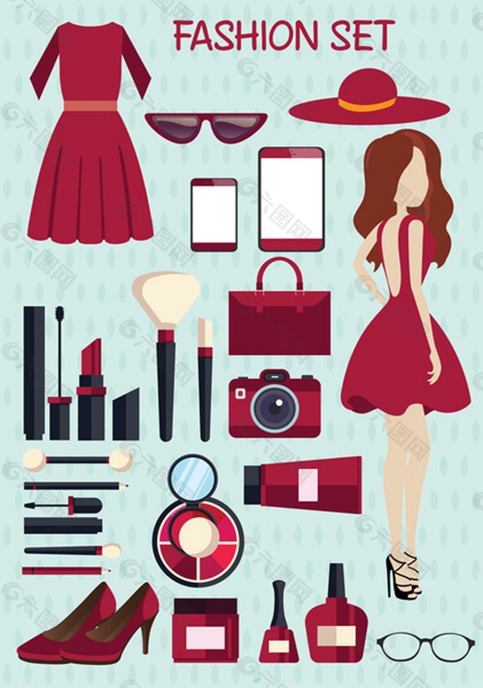 女士时尚集向量设计红色基调自由向量