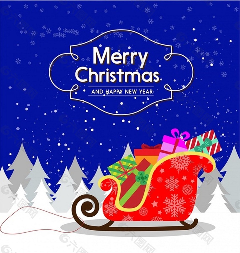 圣诞贺卡设计与雪橇的礼物免费矢量