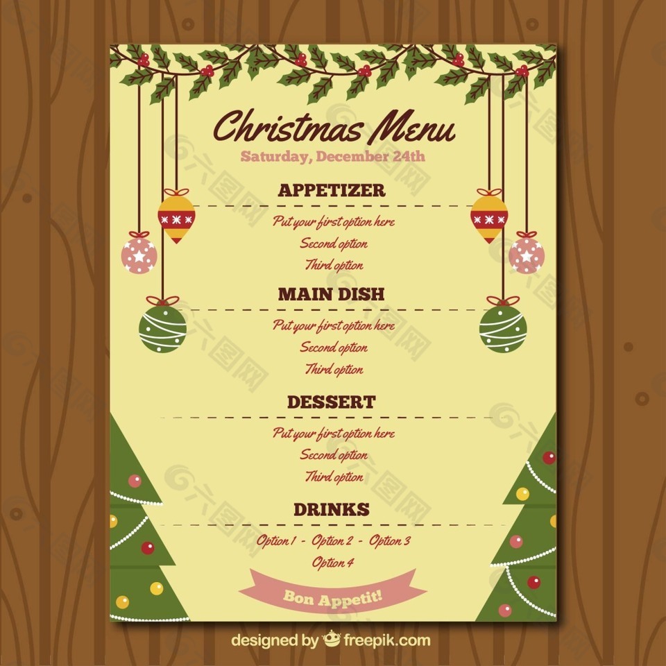 带圣诞饰品的菜单模板