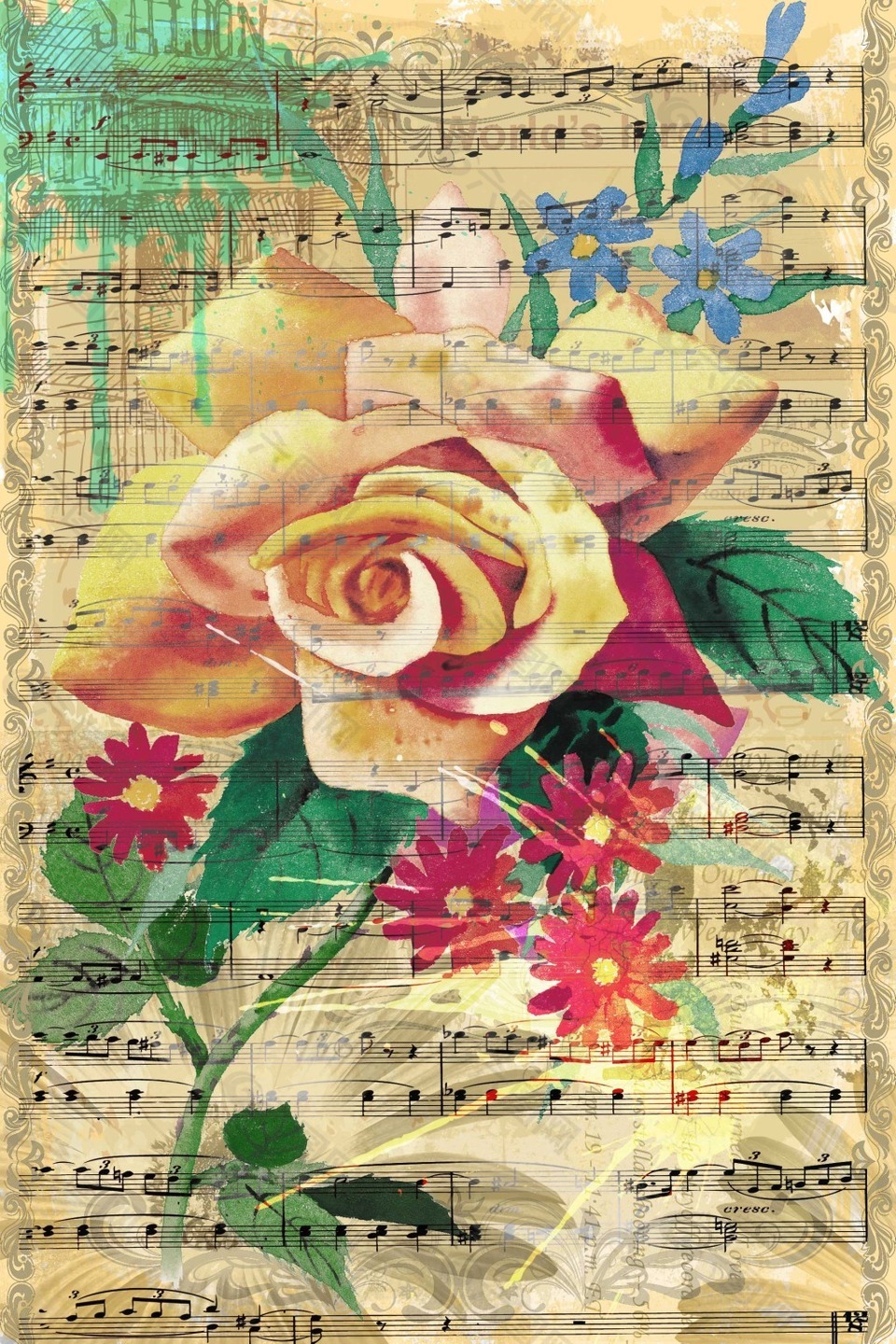 音乐符号前面的鲜花油画图片