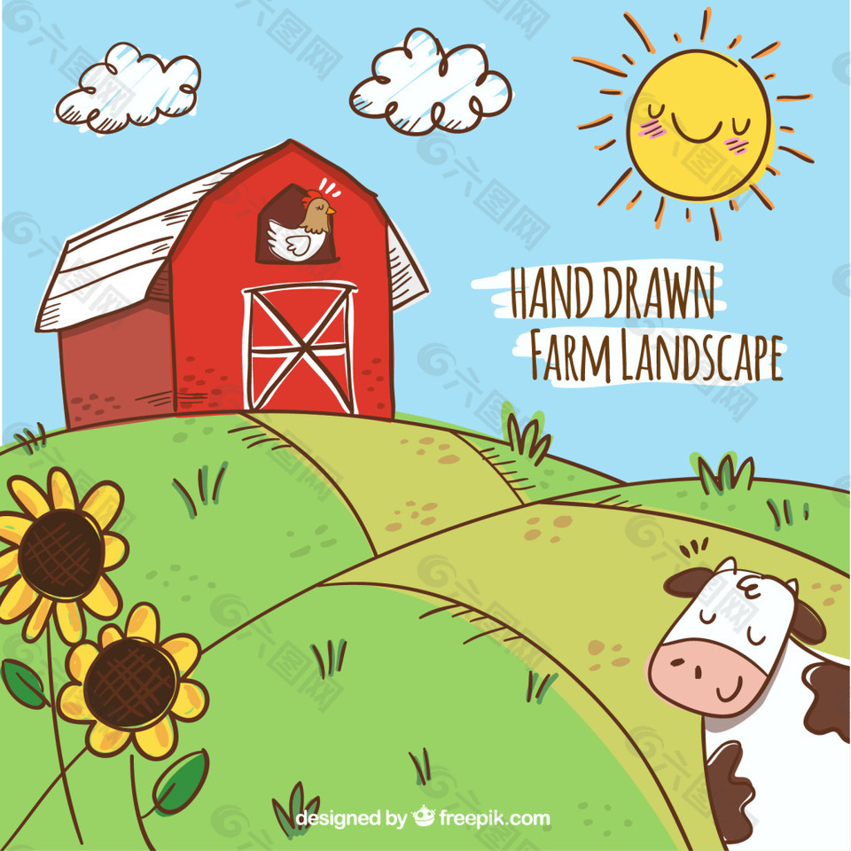 奶牛沐浴在阳光下欣赏前方牧场窗口鸡鸣叫声
