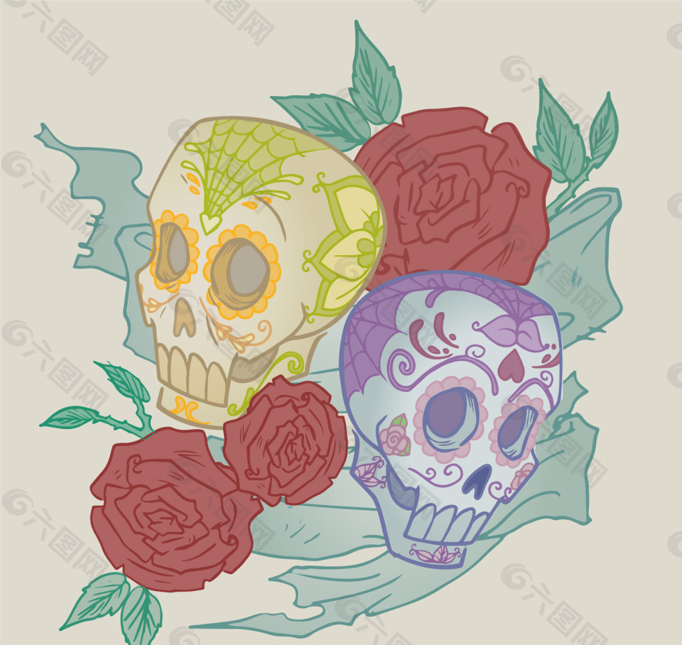 骷髅玫瑰花卉插图