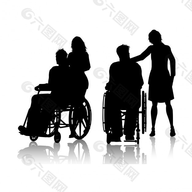 一个男人坐在轮椅上和一个女人的剪影