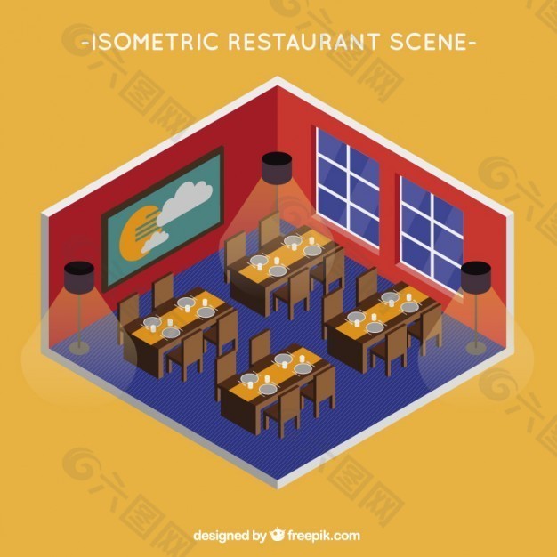 餐厅餐厅的等距视图
