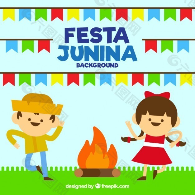 Festa junina的背景与夫妇跳舞围绕篝火